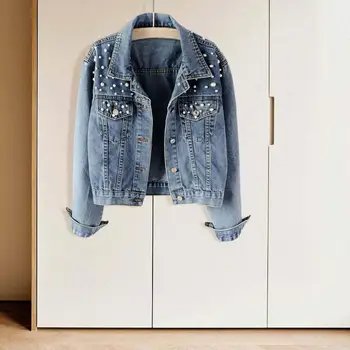 Стильная осенняя джинсовая куртка, прочная строчка, Женская джинсовая куртка, однобортная, легко сочетающаяся с женской джинсовой курткой Большого размера