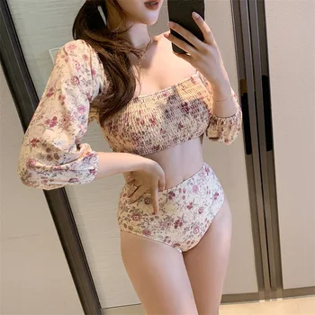 2020 новый купальник женский Корейский ретро цветочный с пышными рукавами, плиссированное сексуальное бикини