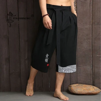 Мужские свободные брюки Повседневная азиатская одежда в японском стиле Плавки Японские льняные укороченные брюки Юката