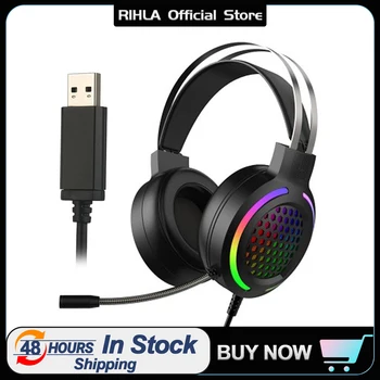 Проводная игровая гарнитура RIHLA M12, Стереонаушники с объемным звуком 7.1, USB-микрофон, дышащая RGB подсветка для наушников PC Gamer