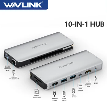 Wavlink USB C Концентратор 10-в-1 USB C Адаптер с 87W PD HDMI-Совместимый/ VGA 2K 60Hz SD Card Reader RJ45 Ethernet Порт Для ноутбука