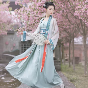 Китайские Традиционные костюмы для женщин Hanfu с вышивкой в винтажном стиле, Свободный шифоновый кардиган, платье феи, Длинные юбки, комплект в стиле ретро