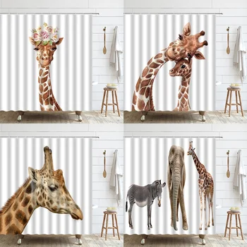 Занавеска для душа с жирафом, Африканское животное, Цветок дикой природы, Водонепроницаемая ткань, Декор для ванной комнаты для девочек, Шторы, наборы экранов с крючками
