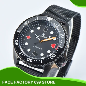 PARNSRPE - Роскошные бутик-42-мм мужские часы Japan NH35A из сапфирового стекла с черным циферблатом, игральные карты, пиковые часы для дайверов