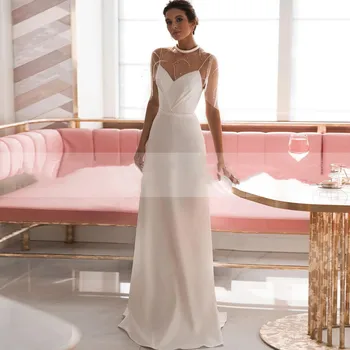 Простые атласные свадебные платья 2022 Элегантные Свадебные платья с V-образным вырезом на бретельках и шлейфом без спинки Для женщин Vestido De Novia