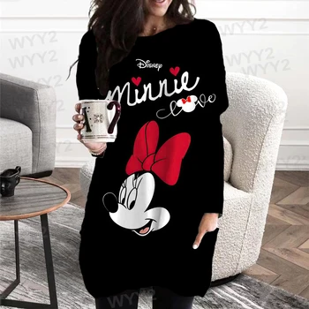 Новая Женская Модная рубашка с принтом Микки и Минни Disney, с карманами, с длинным рукавом, Весенне-Осенний Женский Топ без капюшона, Harajuku y2k