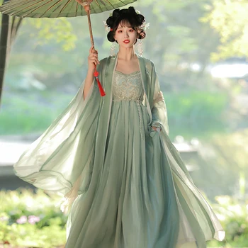 Династия Тан, Зеленая Синяя Женская рубашка Hanfu со Свободными рукавами, Вышитый Древний костюм, Повседневная Фея, Элегантные женские китайские платья