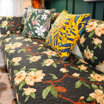 Диванная подушка в стиле листьев цветов, Моющаяся хлопковая Льняная нескользящая накидка на диван с принтом, ткань для шезлонга в джунглях для гостиной
