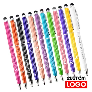 50 Упаковок пластикового стилуса 2 в 1, Универсальная шариковая ручка с текстовой гравировкой, Пользовательский логотип, Офисная школьная рекламная ручка