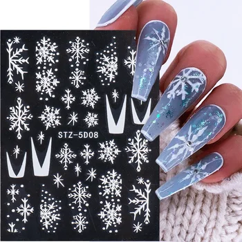5D Снежинки Белая Наклейка для ногтей Рождественские Новогодние наклейки для дизайна ногтей Слайдеры с рельефным Дизайном, Украшение для зимнего Маникюра TRSTZ5D08