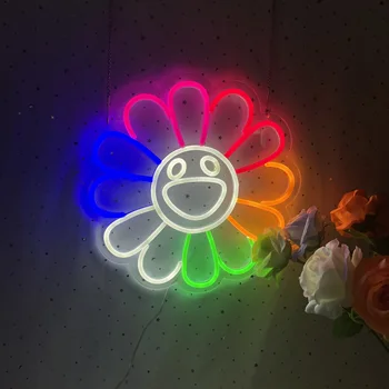 Изготовленные на заказ неоновые вывески Smile Sunflower LED Neon Lights для вечеринки, офисной комнаты, домашнего детского сада, настенного декора, украшения детской комнаты