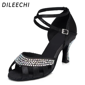 DILEECHI Телесного цвета, черный атлас, Стразы, женские туфли для латиноамериканских танцев, Обувь для бальных танцев, кроссовки для женщин на каблуке 7,5 см