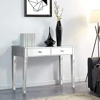Консольный столик с 2 выдвижными ящиками, Зеркальный Письменный столик для домашнего офиса, Письменный стол с гладкой серебристой отделкой и ручками из искусственного хрусталя
