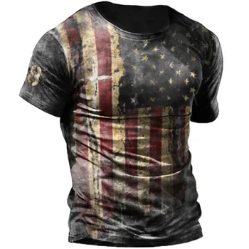 Винтажные летние футболки для мужчин с 3D принтом флага США, уличная одежда из полиэстера с круглым вырезом и коротким рукавом, Свободная мужская одежда, футболка оверсайз