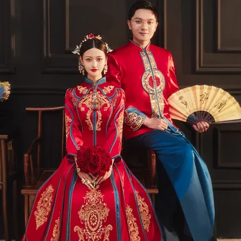 Изысканная вышивка бисером, красные, синие атласные свадебные платья Невесты в традиционном китайском стиле Ципао, Cheongsam Robe De Mariée