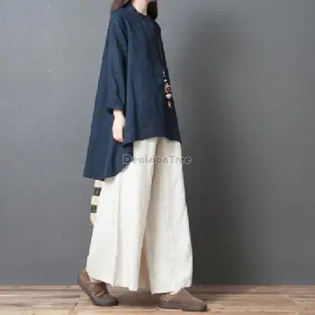 2023 весенне-летний китайский хлопковый льняной комплект, длинная рубашка со стоячим воротником, блузка, свободные повседневные брюки, женский льняной комплект из двух предметов s341