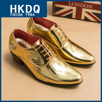HKDQ, роскошные мужские модельные туфли на золотом каблуке, модные свадебные туфли с острым носком для мужчин, кожаные удобные мужские туфли для вечеринок на шнуровке