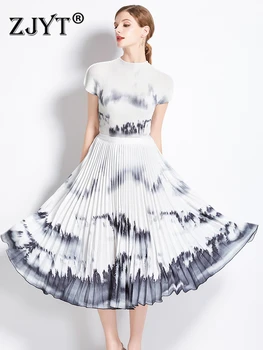 ZJYT Летняя Плиссированная юбка с коротким рукавом и принтом, Топ, комплекты платьев из 2 предметов для женщин, наряд 2023 года, Элегантная Праздничная вечеринка, белый цвет