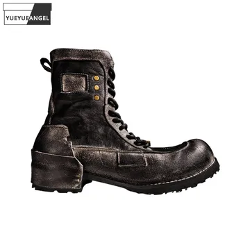 Модная мужская рабочая защитная обувь из натуральной кожи с круглым носком, высокие блочные каблуки, винтажные военные ботильоны, байкерские ботинки на шнуровке