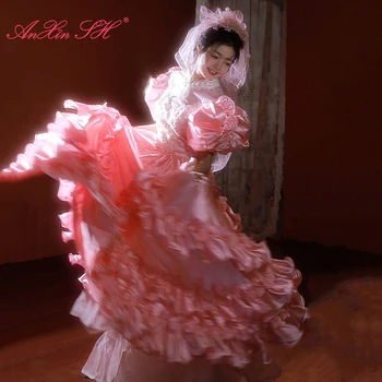 AnXin SH винтажное розовое платье принцессы из тафты с цветочным рисунком, украшенное бисером и жемчугом, с пышными рукавами и оборками, старинное свадебное платье невесты