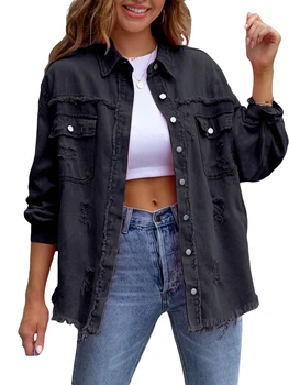 Стильная контрастная джинсовая куртка с отворотами, рваным подолом и передними карманами - Модное женское пальто на пуговицах с длинным рукавом для дальнобойщиков