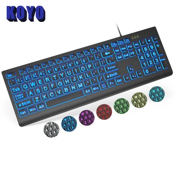 Печатная клавиатура с подсветкой Большая проводная компьютерная клавиатура с подсветкой по USB с 7 цветами и 4 режимами подсветки гигантских буквенных клавиш