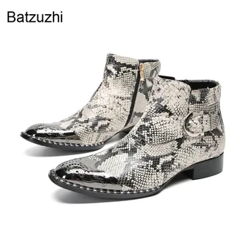 Batzuzhi/ Элегантные мужские ботинки; кожаные ботильоны с серебристым металлическим носком и змеиным рисунком; мужская деловая обувь на молнии; обувь для вечеринок; Botas!