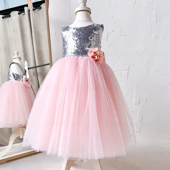Розовое Тюлевое платье с цветочным узором для девочек Трапециевидной формы, Блестящее Платье Принцессы с бантом для Свадебной вечеринки, Длинное Платье с пайетками для Первого Причастия