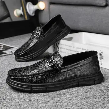 Коллекция 2022 года, Весенне-летние Мужские Повседневные Кожаные туфли из натуральной кожи под Крокодиловую кожу в горошек с Принтом Для Светского Парня, Модные Лоферы