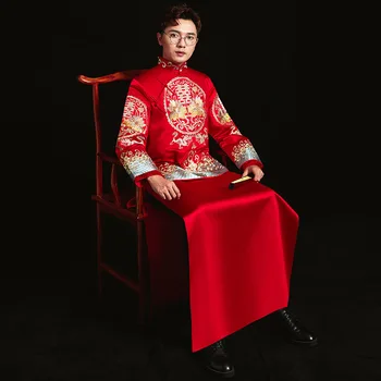 Шоу мужское свадебное платье в китайском стиле с красной вышивкой, вечернее платье для жениха, куртка-кимоно, костюм танг, костюмы для тостов, повседневная одежда