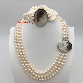Новое натуральное Ожерелье из 3 рядов 7-8 мм белого жемчуга Akoya с камеями 17-19 