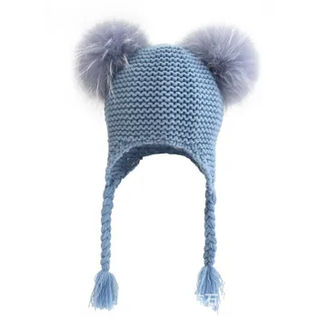 новая модная теплая зимняя детская шапка-бини с забавной тесьмой для девочек и мальчиков с помпоном из натурального меха енота