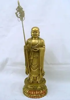 Большая латунная Маленькая Красивая китайская бронзовая статуя Будды Бодхисаттвы Кшитигарбхи Рисунок 9 