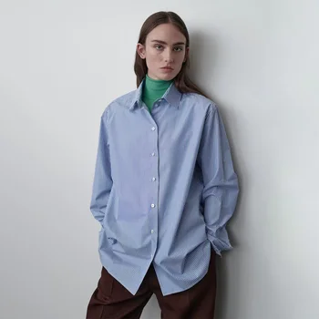 R0w2023 Весенне-осенняя Новая Синяя рубашка в полоску, Женская Повседневная Свободная Классическая блузка с разрезами, топы с длинными рукавами