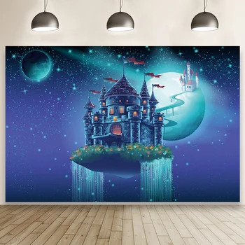 Laeacco Детский сказочный фон для Дня рождения, темно-синий, с блестками, Звездное небо, Фантастический замок, планета, декор для вечеринки, фотографический фон