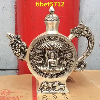 Тибетская классическая статуя будды с бронзовым покрытием, серебряный Дракон, горшок для бутылок высотой 24 см, Бронзовая Статуя Исцеления Будды