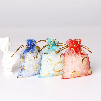 50 шт. Розовая сумка из Органзы с рисунком Сердца, Тюлевая упаковка ювелирных изделий, Мешочек для Рождественской Свадьбы, Подарочные пакеты для конфет