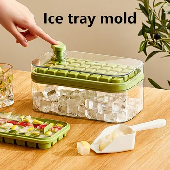 Льдогенератор с пресс-формой для кубиков льда в одно касание, мини-квадратная форма для льда с ящиком для хранения и крышкой, пластиковый батончик и кухонная утварь