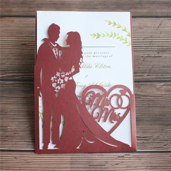 Бордовый карман для пригласительных открыток на свадьбу, полый дизайн пары, многоцветная персонализированная печать вставных открыток