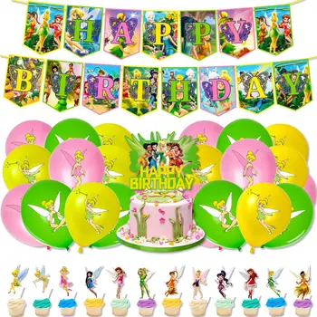 Набор Украшений для Вечеринки в честь Дня Рождения Принцессы Тинкербелл для девочек, Эльфийская Цветочная Фея, Топпер Для Торта, Баннер из латексного воздушного шара, Принадлежности для вечеринок