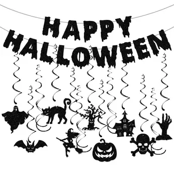 Счастливый Баннер на Хэллоуин, Призрачный Замок Ведьмы, Черная Кошка, Летучая мышь, Спираль Из Тыквы На Хэллоуин, Подвесной Декор Happy 2023 Haloween Decor Home