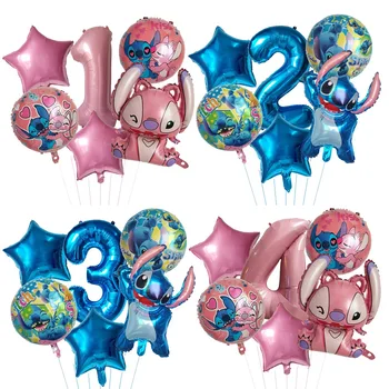 6 шт., Мультяшный стич Лило, синий, украшение для детского Дня рождения, Алюминиевые воздушные шары, набор воздушных шаров с цифровым номером для девочек и мальчиков