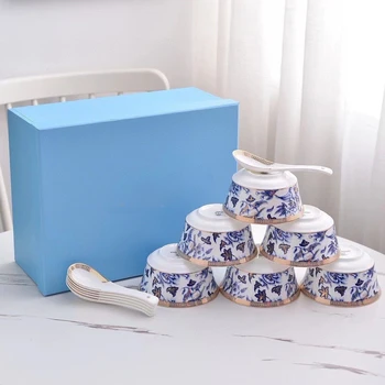 Furong 6 чашек, 6 ложек, полный набор чаш из костяного фарфора, посуда высокого качества, изысканная подарочная коробка для домашнего использования