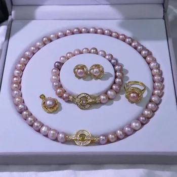 один комплект, пресноводный жемчуг розового/фиолетового 8-9 мм, ожерелье/кольцо/серьги/браслет/кулон, оптовая продажа, циркон, крючок