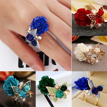 Роза Цветок Кристалл горный хрусталь ветка лист палец Обручальные кольца для женщин кольцо Гламурная мода вечерние ювелирные изделия подарок