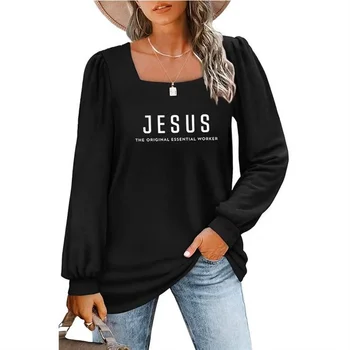 Высококачественная футболка с длинными рукавами и квадратным вырезом с принтом Иисуса, Женская приталенная футболка с открытой ключицей и низким вырезом, Нижняя рубашка