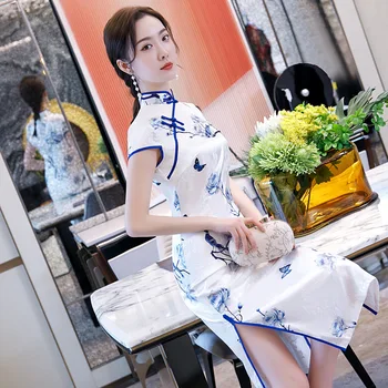 Весеннее сине-белое Фарфоровое Повседневное платье Ципао из китайского фарфора в стиле ретро, женское жаккардовое платье миди, Vestidos