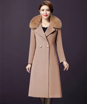 Женское Зимнее шерстяное пальто, Смешанная куртка с меховым воротником, Новые Модные Длинные Шерстяные пальто, Двубортные Тонкие Женские, Высокое качество, Плюс