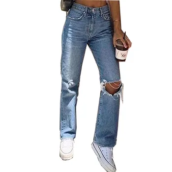 Джинсы с высокой талией Для женщин, синие прямые рваные брюки, джинсы с дырками во всю длину, широкие брюки для мамы, Свободные уличные брюки 6292