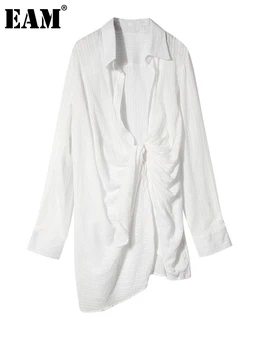 [EAM] Женское Белое Нерегулярное Плиссированное платье-рубашка Sext, Новый Лацкан, Длинный рукав, Свободный крой, Мода Tide, Весна-Осень 2023 WB523